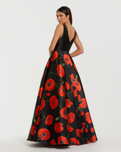 Ieena Duggal 56181 - Plunge Neck Floral Printed Ballgown In Orange and Multi