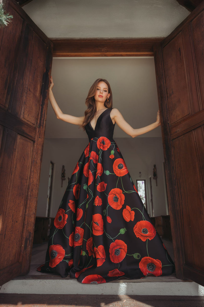 Ieena Duggal 56181 - Plunge Neck Floral Printed Ballgown In Orange and Multi