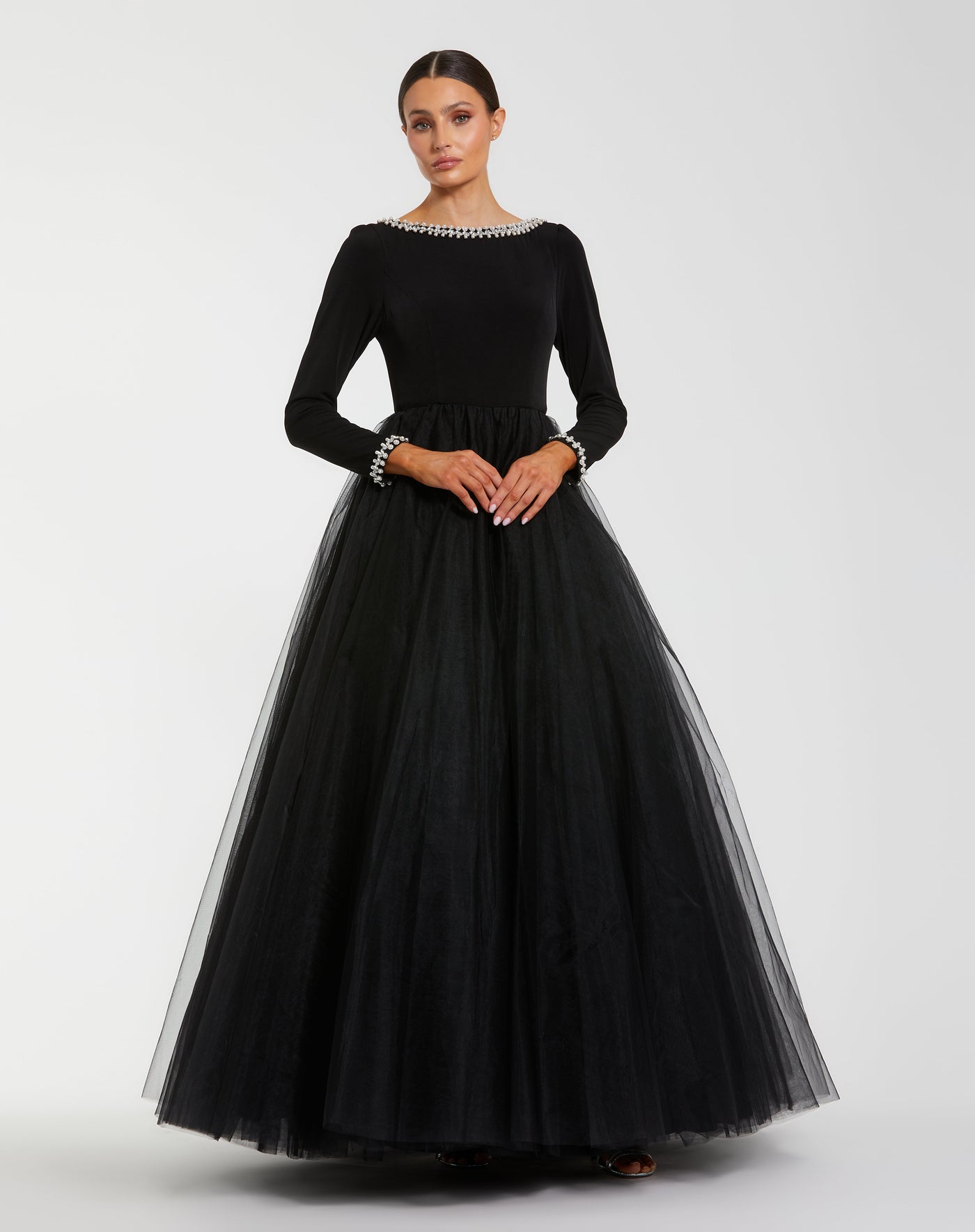 Ieena Duggal 56186 - Embellished Bateau Long Sleeve Gown In Black