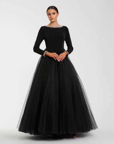 Ieena Duggal 56186 - Embellished Bateau Long Sleeve Gown In Black