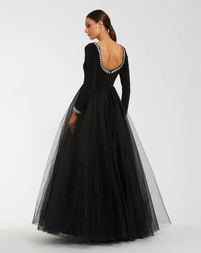 Ieena Duggal 56186 - Embellished Bateau Long Sleeve Gown In Black