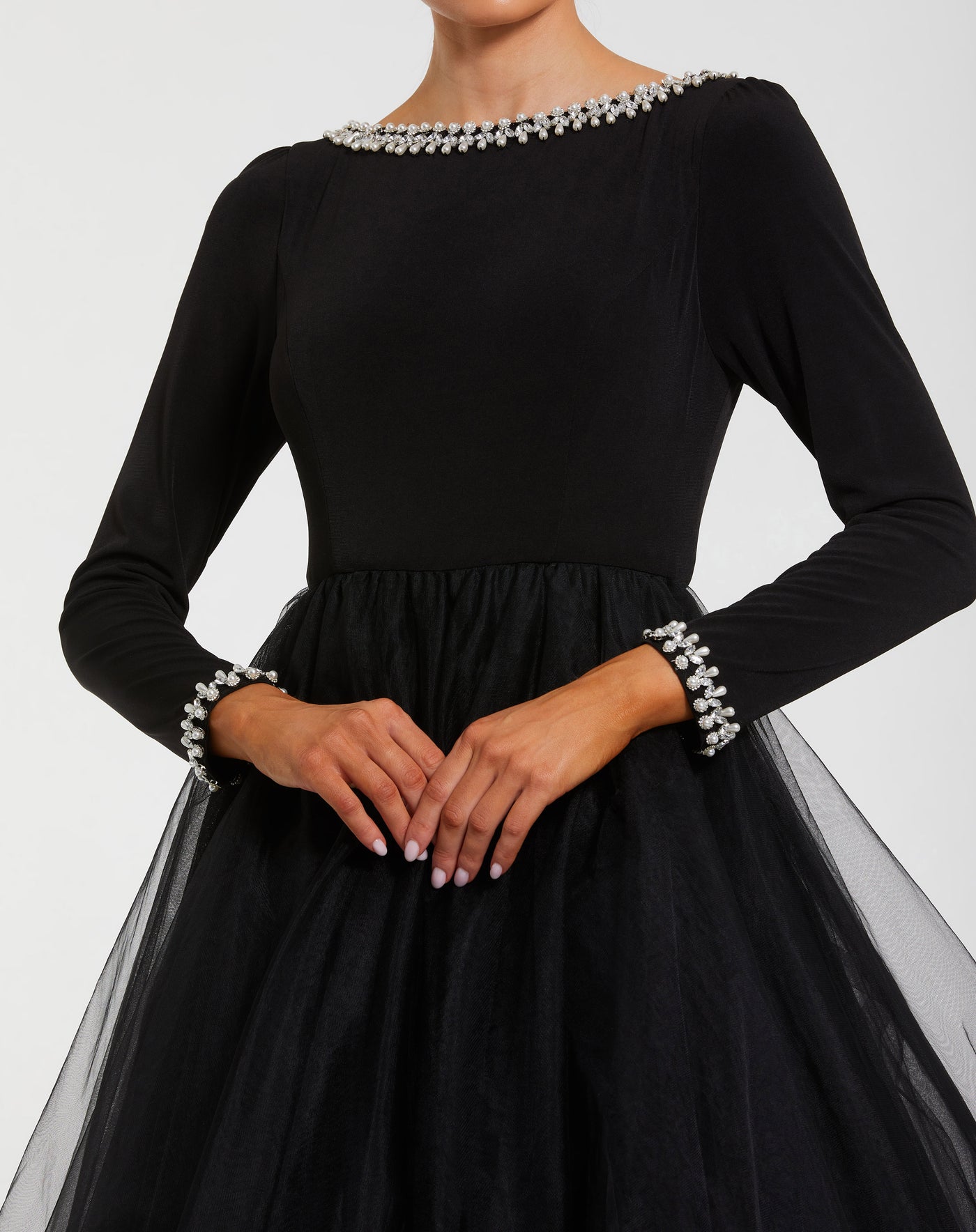 Ieena Duggal 56186 - Embellished Bateau Long Sleeve Gown In Black