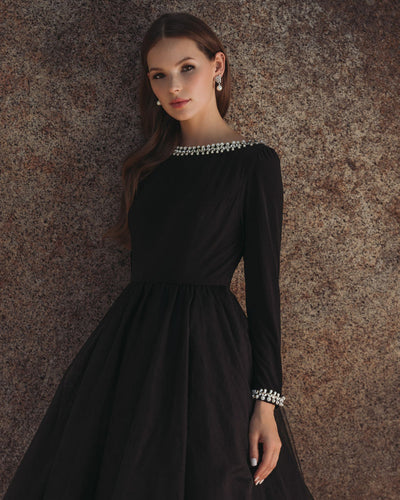 Ieena Duggal 56186 - Embellished Bateau Long Sleeve Gown In Black