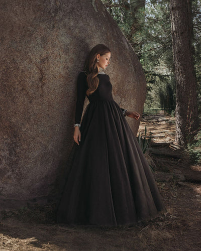 Ieena Duggal 56186 - Embellished Bateau Long Sleeve Gown In Black