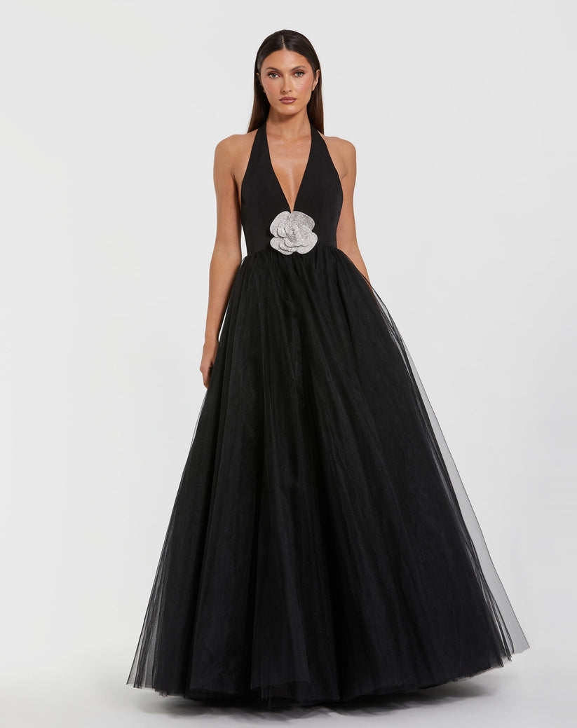 Ieena Duggal 56187 - Plunging Halter Ballgown with Rhinestone Accent In Black
