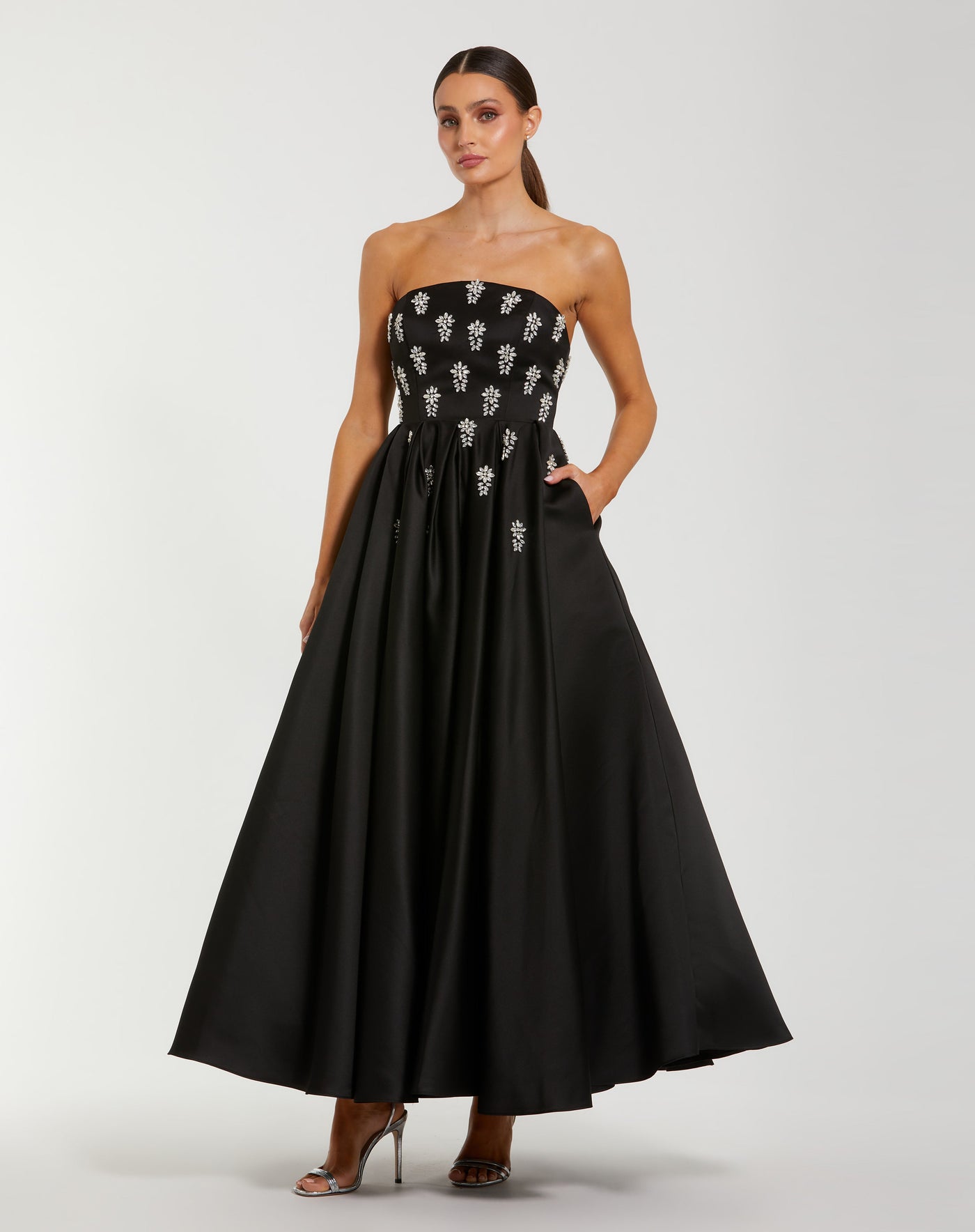 Ieena Duggal 56199 - Strapless Crystal Embellished A-Line Gown In Black