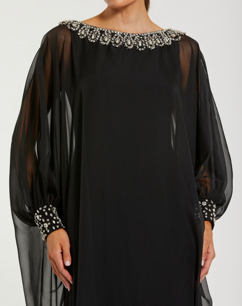 Mac Duggal 56203 - Bateau Neckline Chiffon Kaftan Gown In Black
