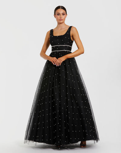 Ieena Duggal 56204 - Pearl Waistband Square Neck Long Gown In Black and White