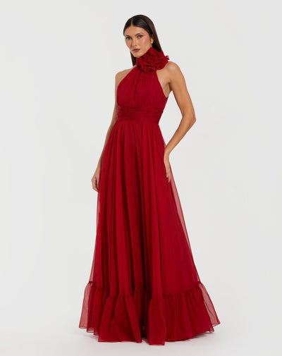 Ieena Duggal 56254 - Ruffled Hem High Halter Chiffon Gown In Red