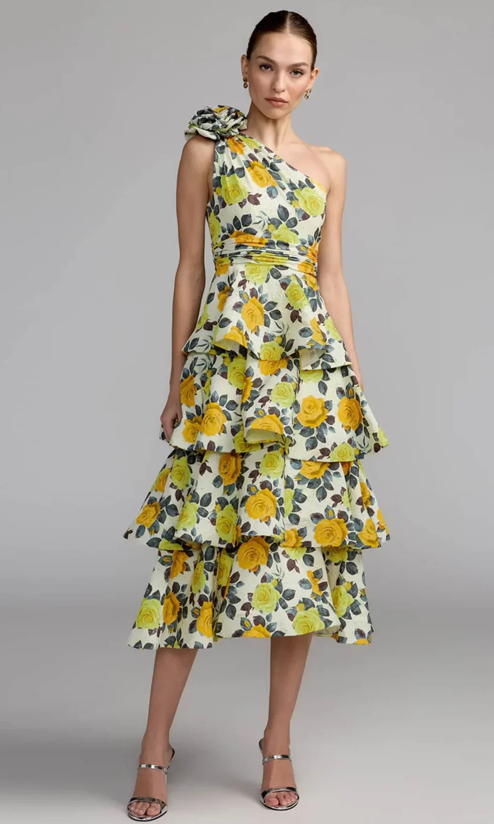 Mac Duggal 56314 - One Shoulder Floral Tiered Midi Dress In Yellow and Multi