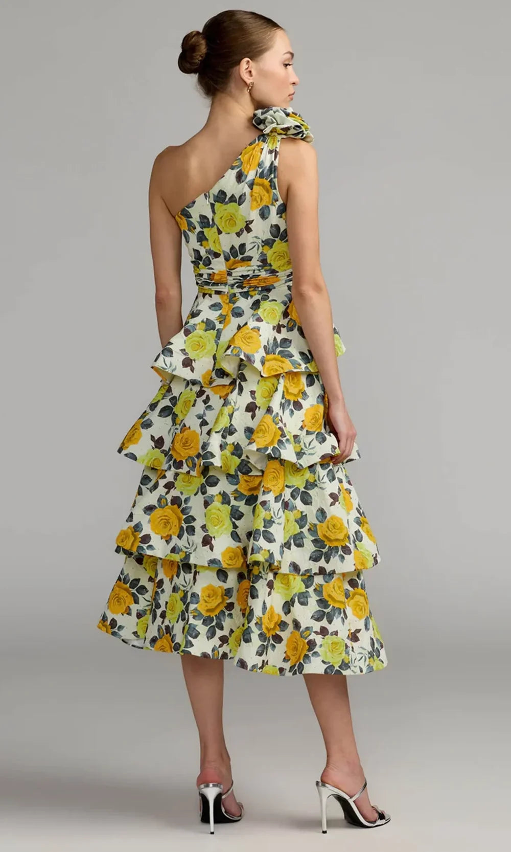 Mac Duggal 56314 - One Shoulder Floral Tiered Midi Dress In Yellow and Multi
