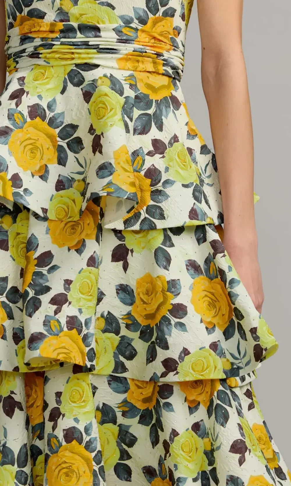 Mac Duggal 56314 - One Shoulder Floral Tiered Midi Dress In Yellow and Multi
