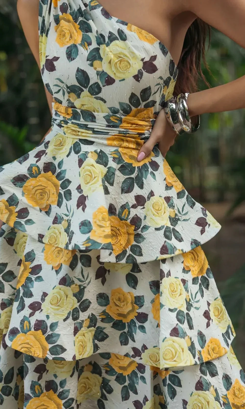 Mac Duggal 56314 - One Shoulder Floral Tiered Midi Dress In Yellow and Multi