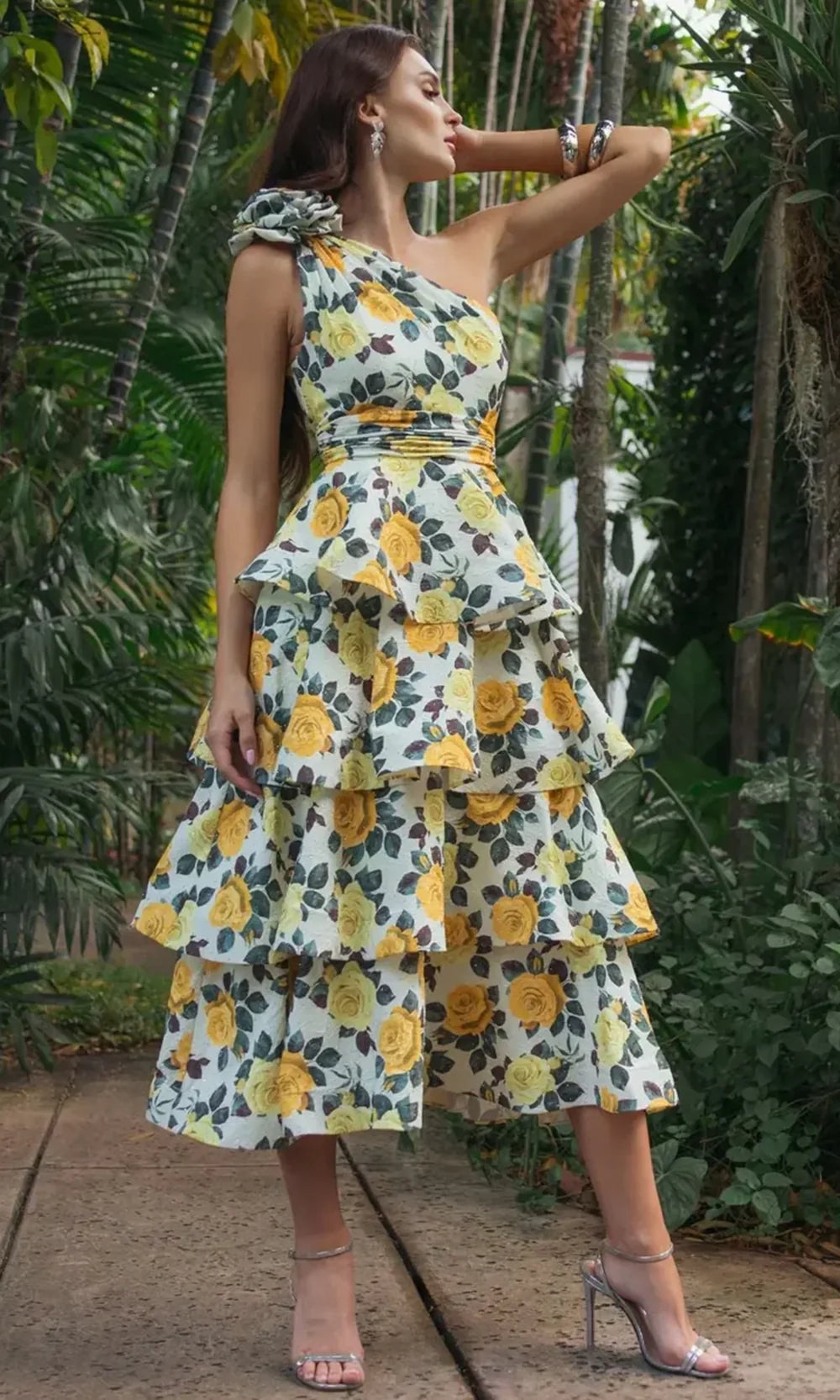 Mac Duggal 56314 - One Shoulder Floral Tiered Midi Dress In Yellow and Multi