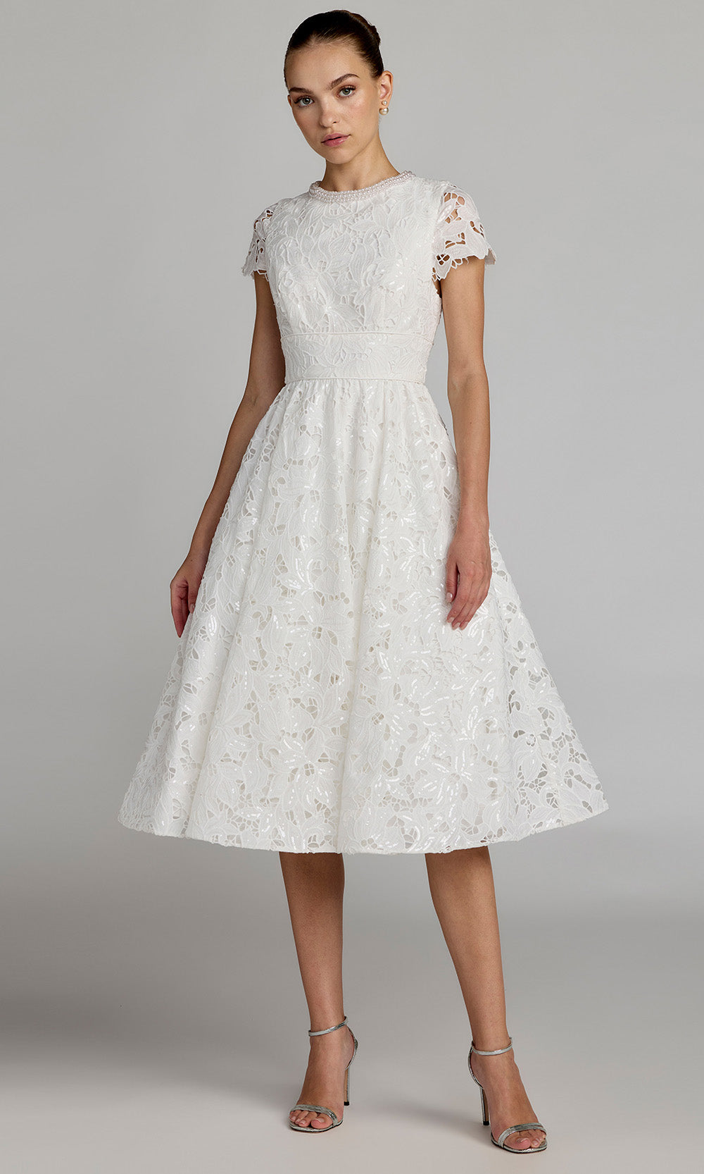 Ieena Duggal 56324 - Pearl Trim High Neck Tea-Length Dress Cocktail Dresses in Ivory