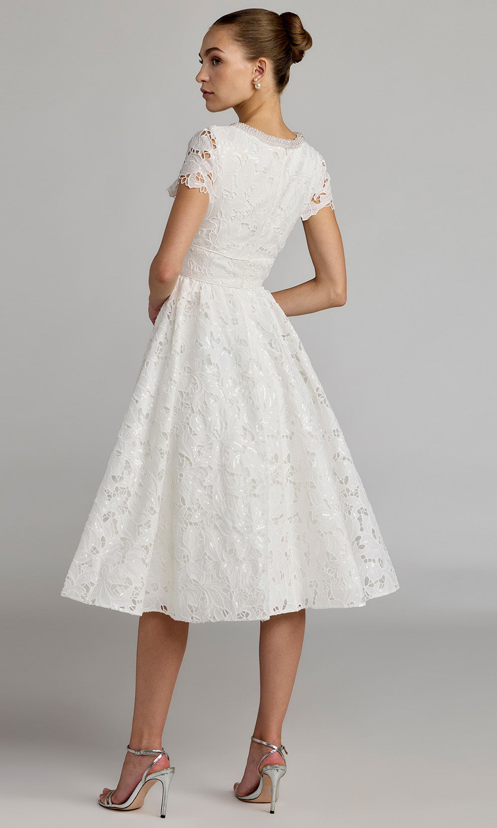 Ieena Duggal 56324 - Pearl Trim High Neck Tea-Length Dress Cocktail Dresses in Ivory