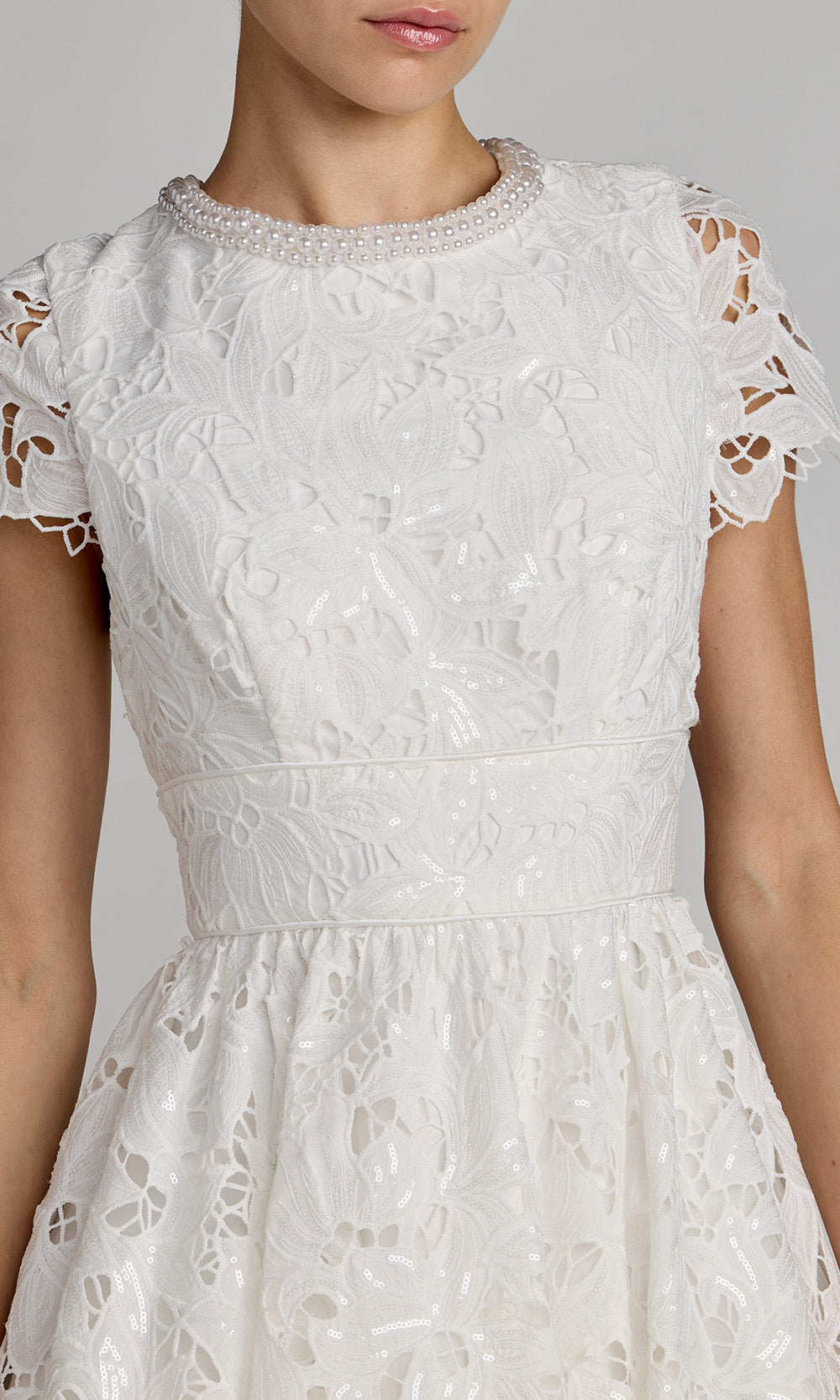 Ieena Duggal 56324 - Pearl Trim High Neck Tea-Length Dress Cocktail Dresses in Ivory