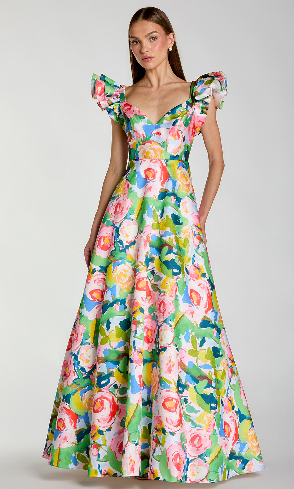 Ieena Duggal 56341 - Flutter Sleeve Floral Print Long Gown Ball Gowns in Blue Multi 