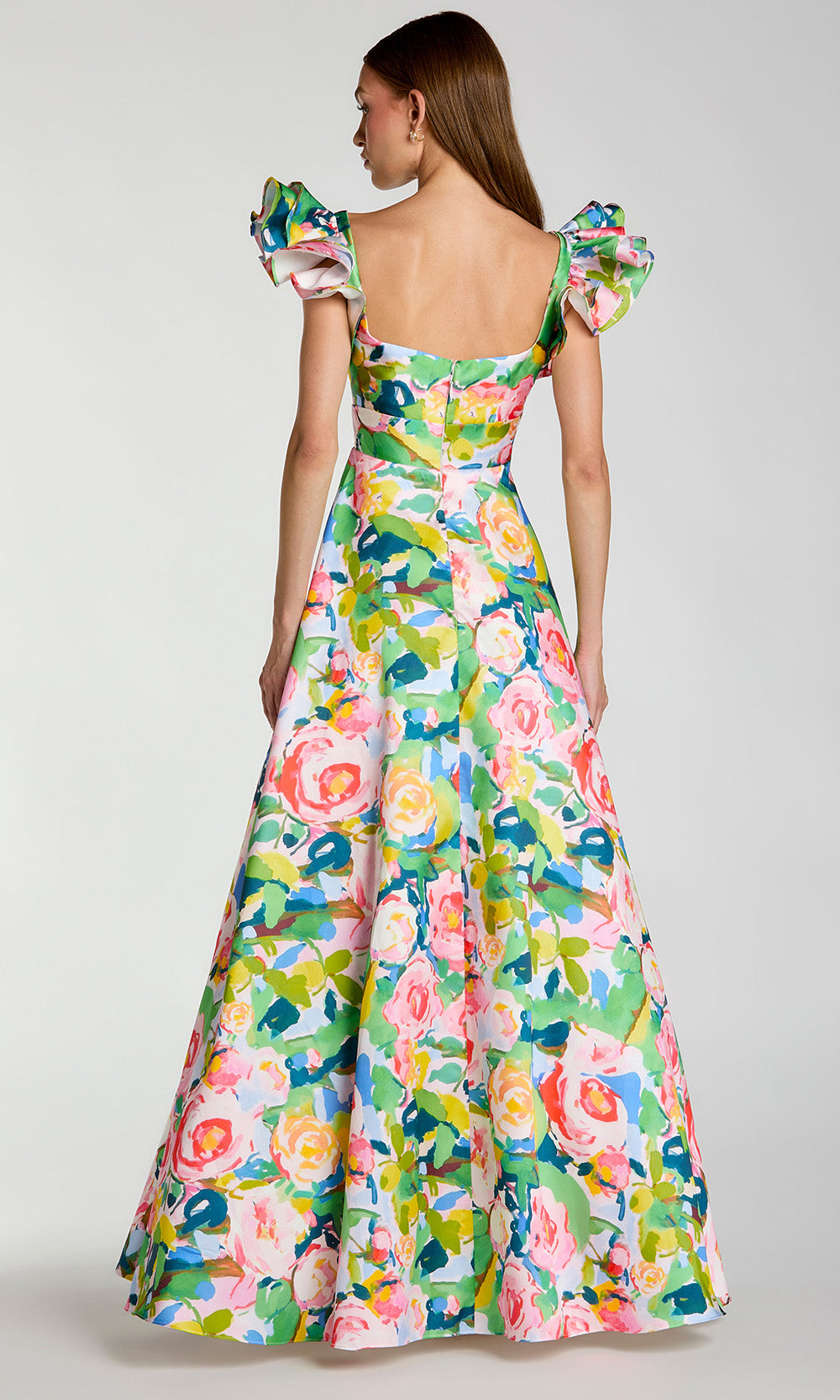 Ieena Duggal 56341 - Flutter Sleeve Floral Print Long Gown Ball Gowns in Blue Multi 