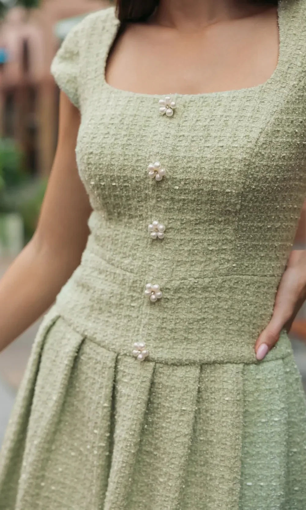 Mac Duggal 56373 - Pearl Button Textured Boucle Cocktail Dress In Green