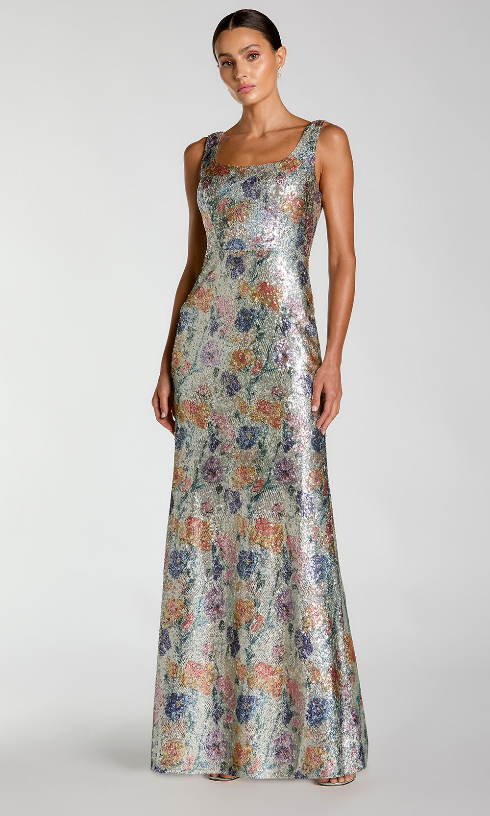 Mac Duggal 56388 - Floral Embellished Wide Strap Long Dress Formal Gowns in Silver and Multi