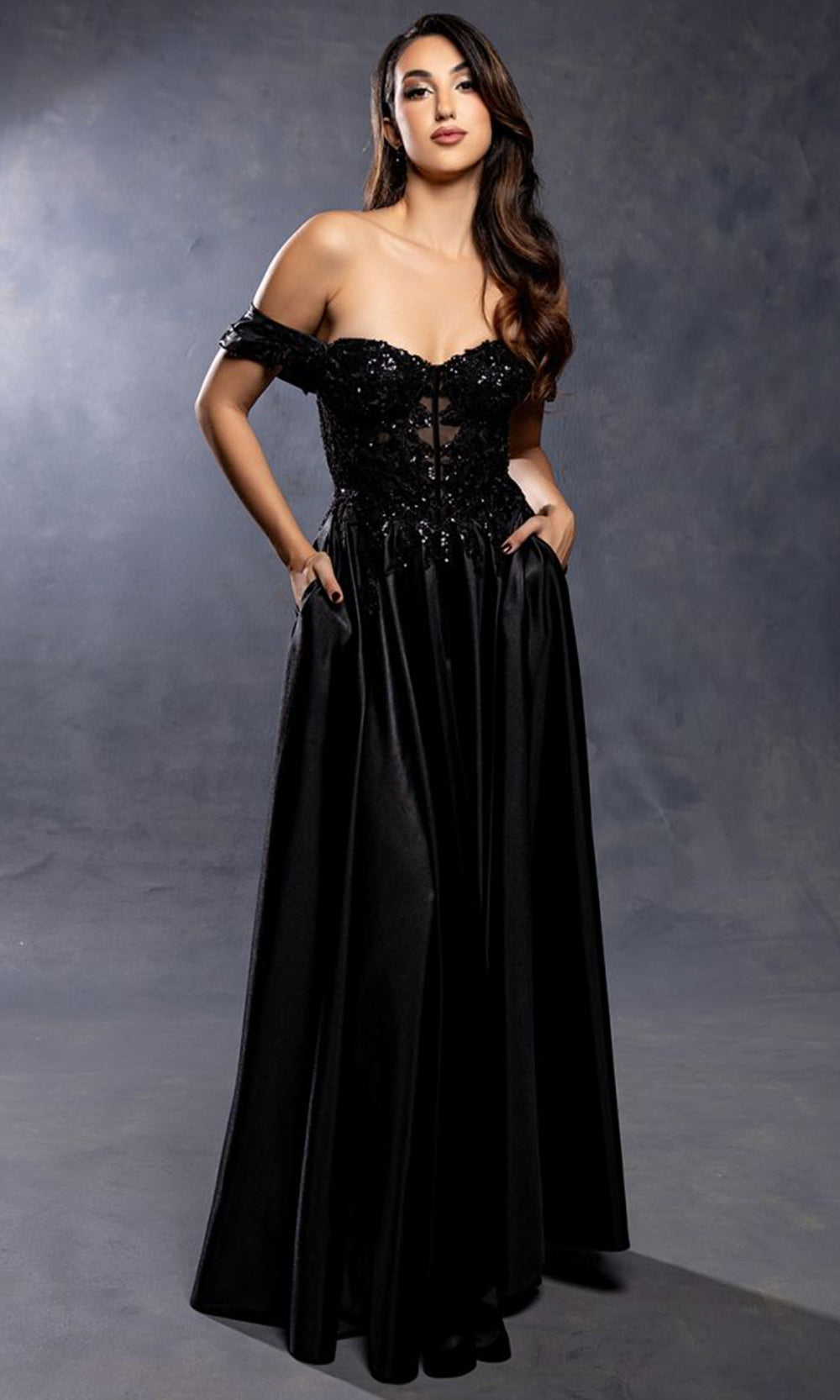 May Queen MQ2240 - Off Shoulder Embroidered Evening Dress Mother of the Bride Dresses in Black 