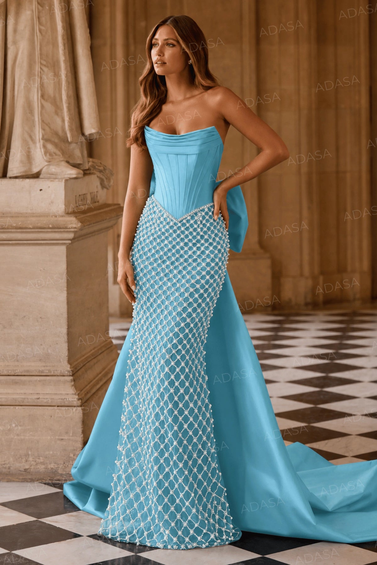 Sherri Hill 57671 - Beaded Pearl Skirt Strapless Long Gown
