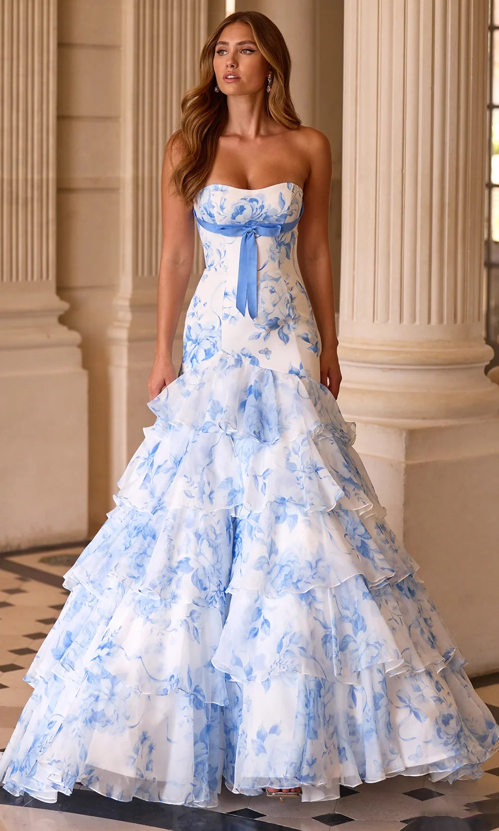 Sherri Hill 57853 - Ribbon Tie Strapless Floral Gown Prom Dresses