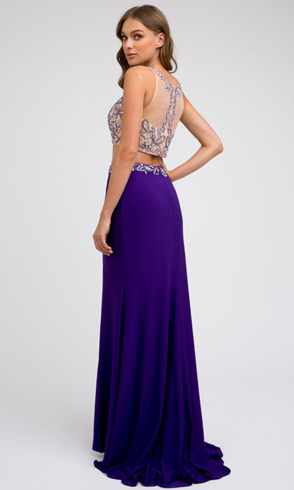 Juliet Dresses 595 - Illusion Jewel Fitted Gown with Slit Formal Gowns