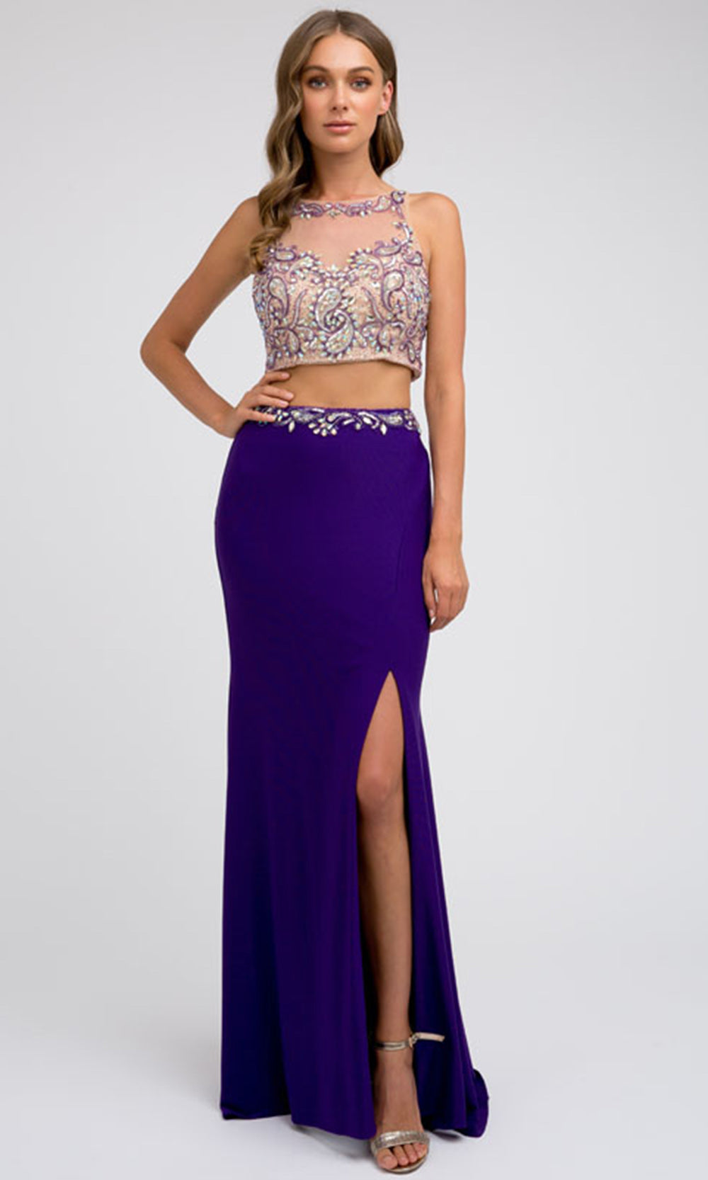 Juliet Dresses 595 - Illusion Jewel Fitted Gown with Slit Formal Gowns