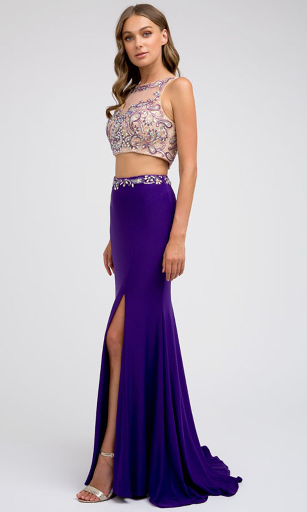 Juliet Dresses 595 - Illusion Jewel Fitted Gown with Slit Formal Gowns