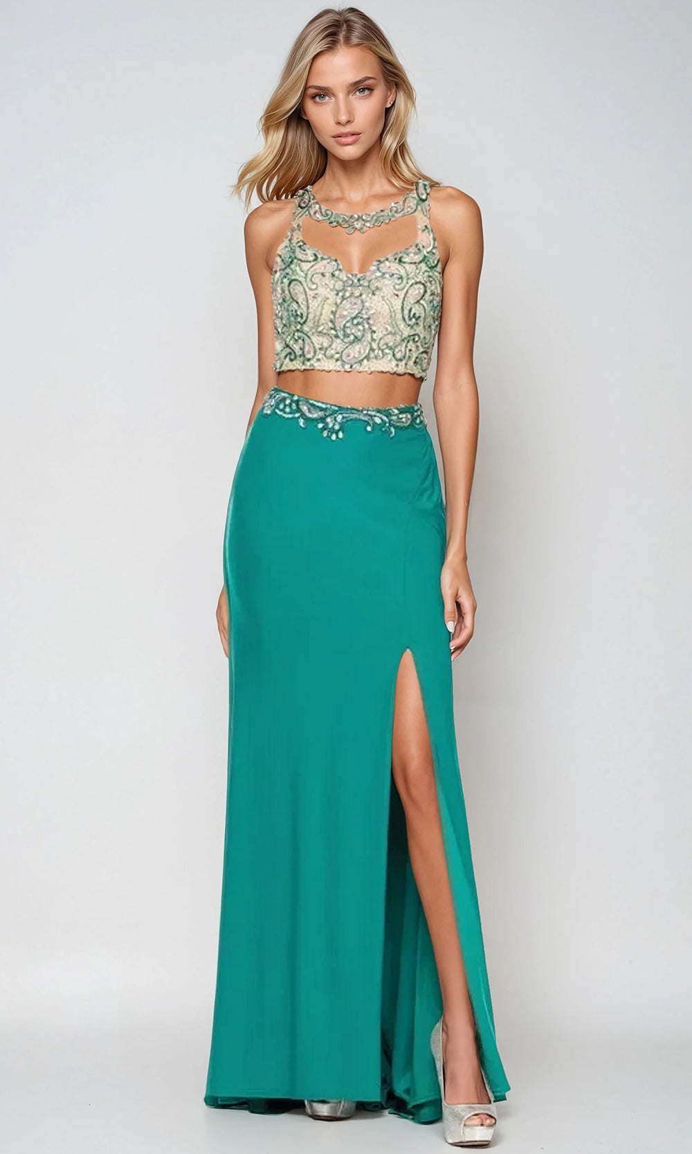 Juliet Dresses 595 - Illusion Jewel Fitted Gown with Slit Formal Gowns