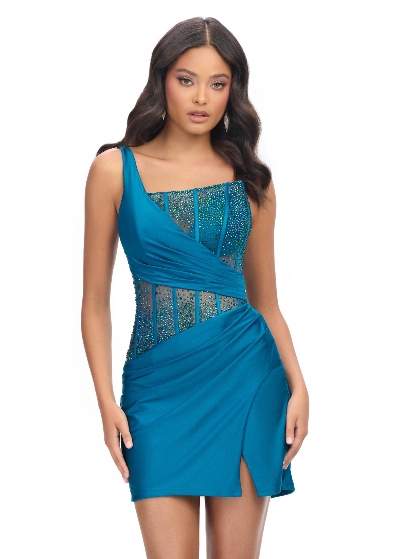 Ashley Lauren 4691 - One Shoulder Corset Cocktail Dress In Blue