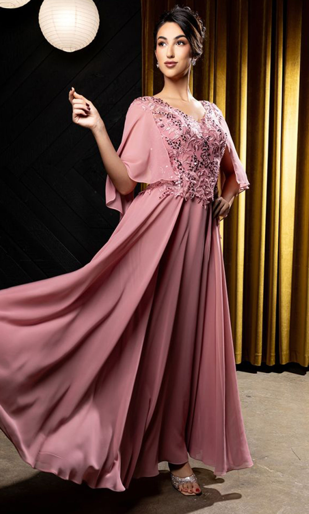 May Queen MQ2233 - V Neck Embroidered Evening Dress Mother Of The Bride Dresses in Pink 
