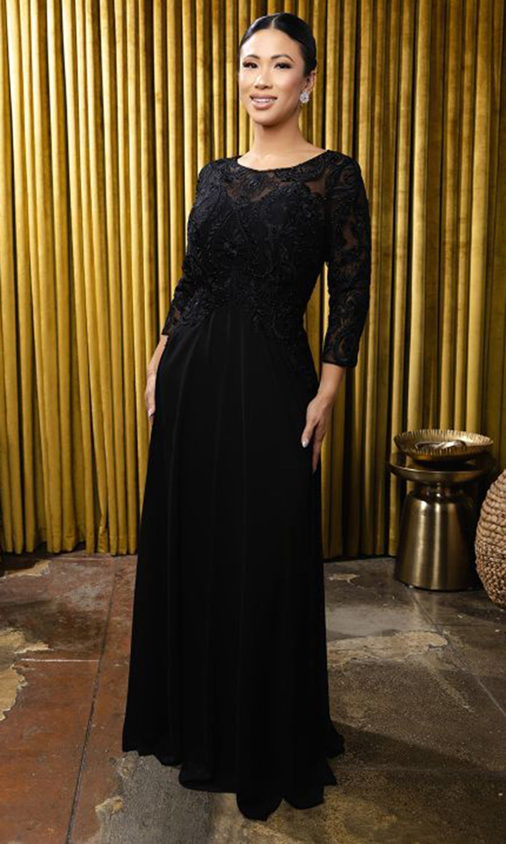 May Queen MQ2210 - Jewel Neck Lace Bodice Formal Gown