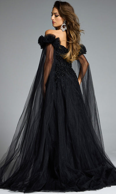 Jovani 61002 - Cape Sleeve Beaded Ornate Tulle Gown Formal Gowns