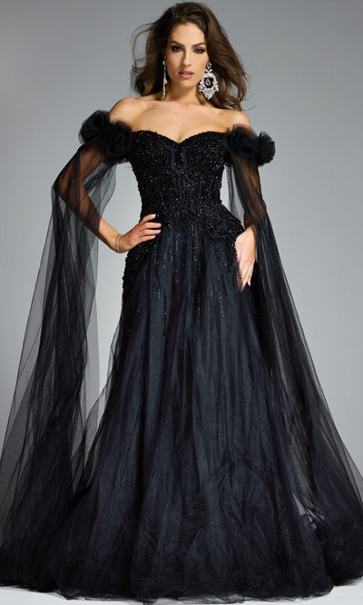 Jovani 61002 - Cape Sleeve Beaded Ornate Tulle Gown Formal Gowns