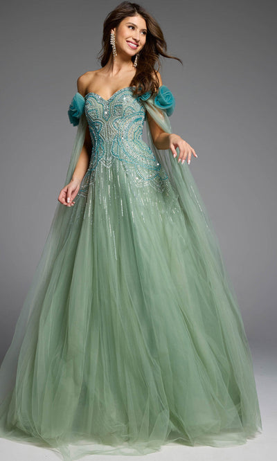 Jovani 61002 - Cape Sleeve Beaded Ornate Tulle Gown Formal Gowns