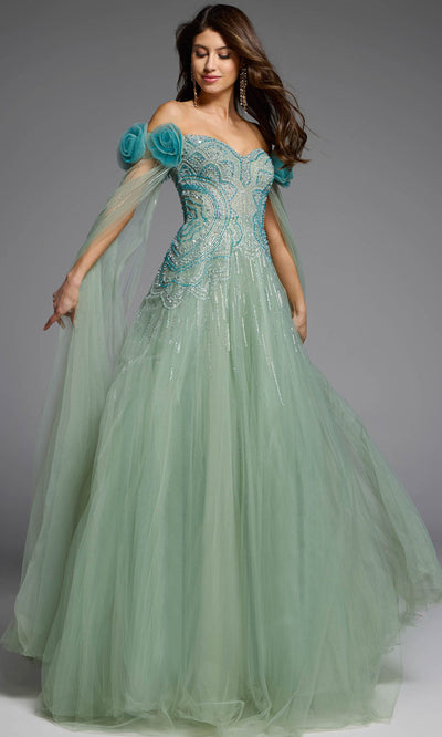 Jovani 61002 - Cape Sleeve Beaded Ornate Tulle Gown Formal Gowns