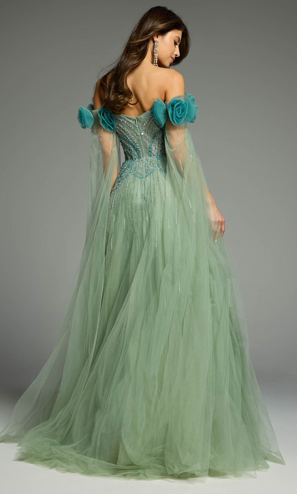 Jovani 61002 - Cape Sleeve Beaded Ornate Tulle Gown