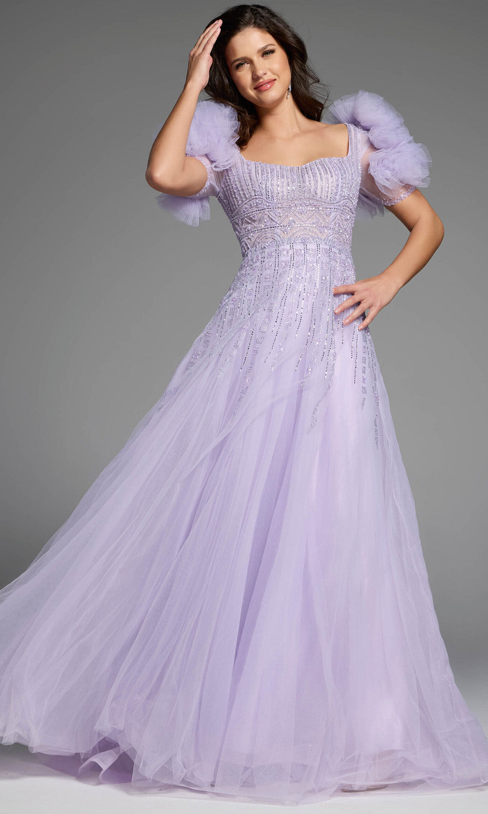 Jovani 61026 - Square Neck Beaded Tulle Gown Formal Gowns