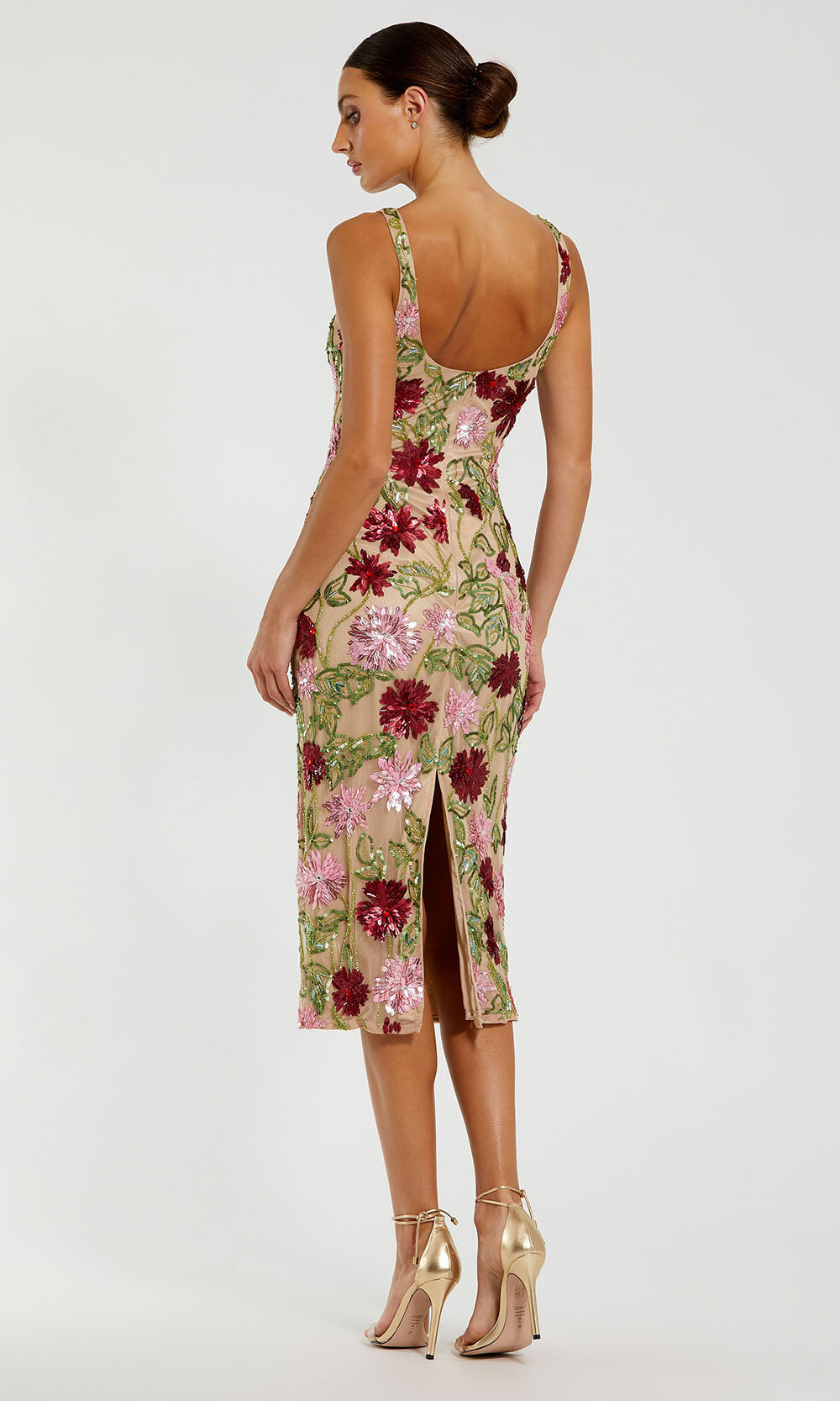 Black Floral Beaded Scoop Neck Midi Dress