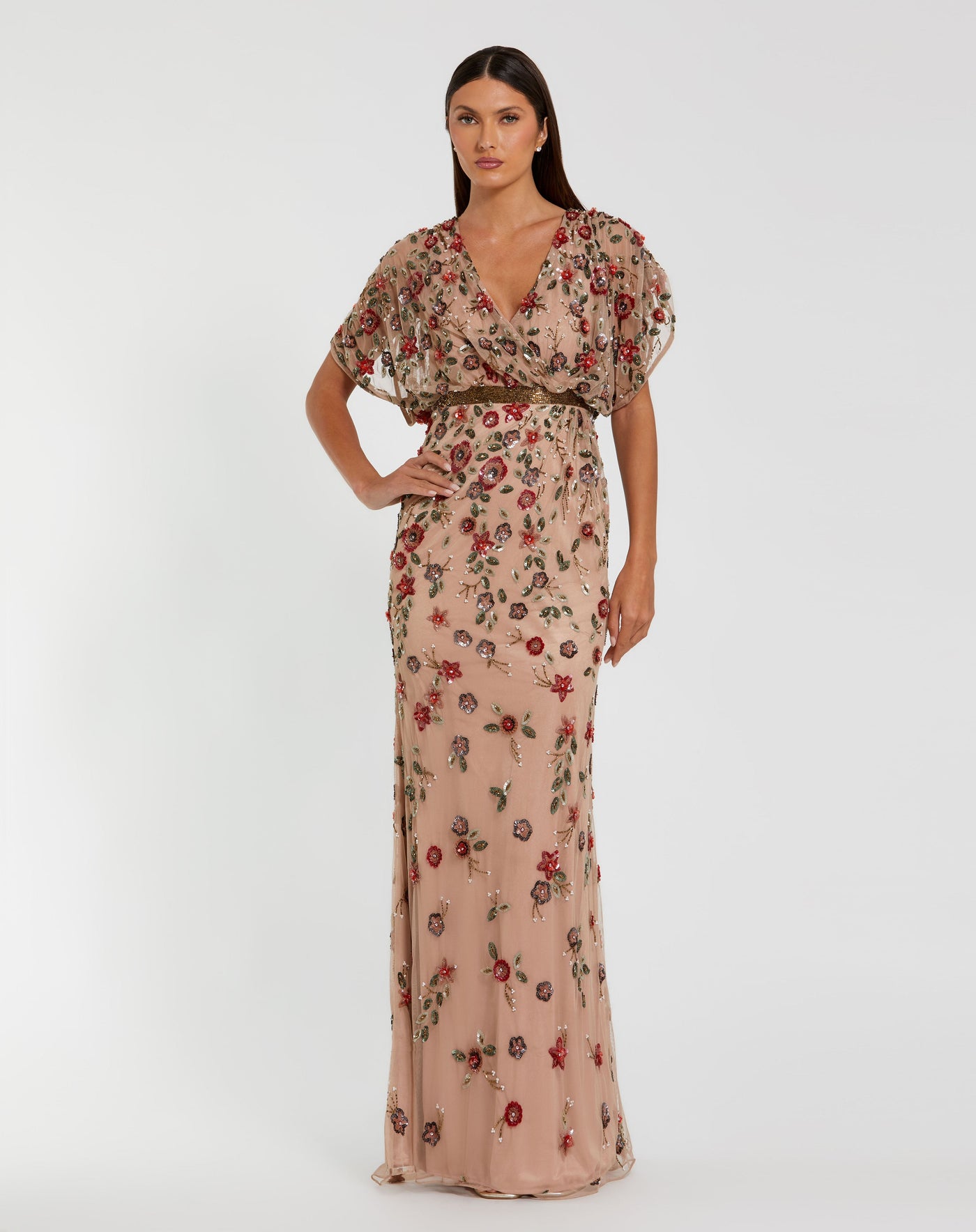 Mac Duggal 6158 - Floral Sequin Surplice V-Neck Evening Gown In Pink