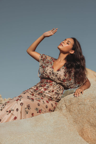 Mac Duggal 6158 - Floral Sequin Surplice V-Neck Evening Gown In Pink