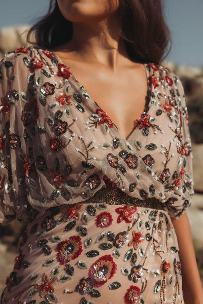 Mac Duggal 6158 - Floral Sequin Surplice V-Neck Evening Gown In Pink