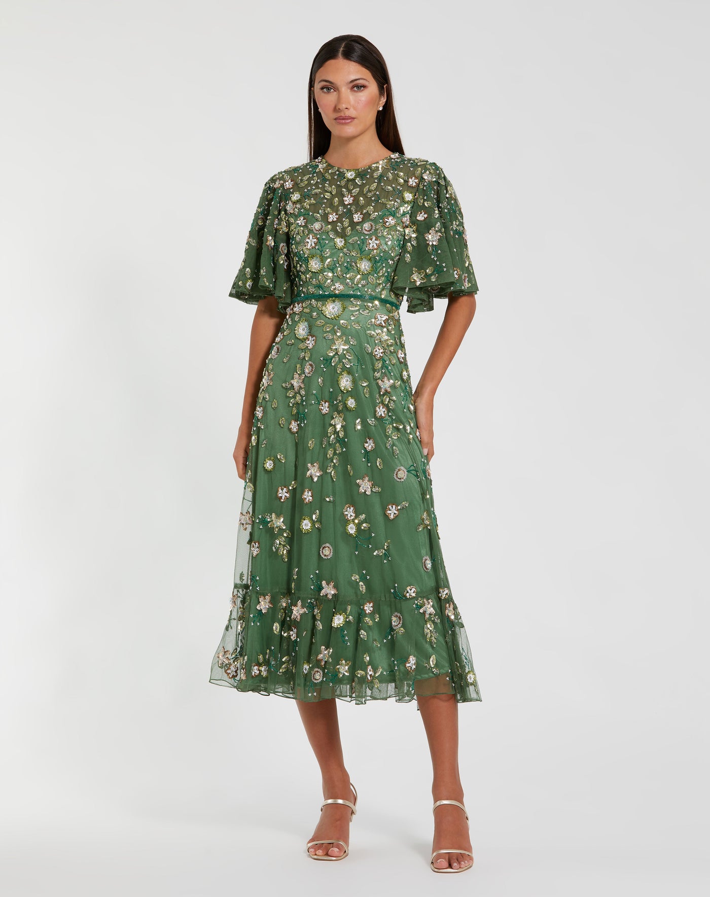 Mac Duggal 6162 - Jewel Neck Floral Embellished Midi Dress In Green