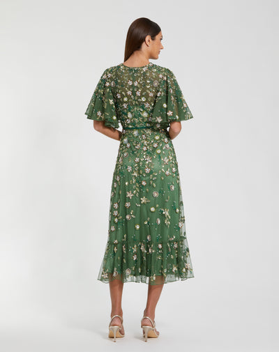Mac Duggal 6162 - Jewel Neck Floral Embellished Midi Dress In Green