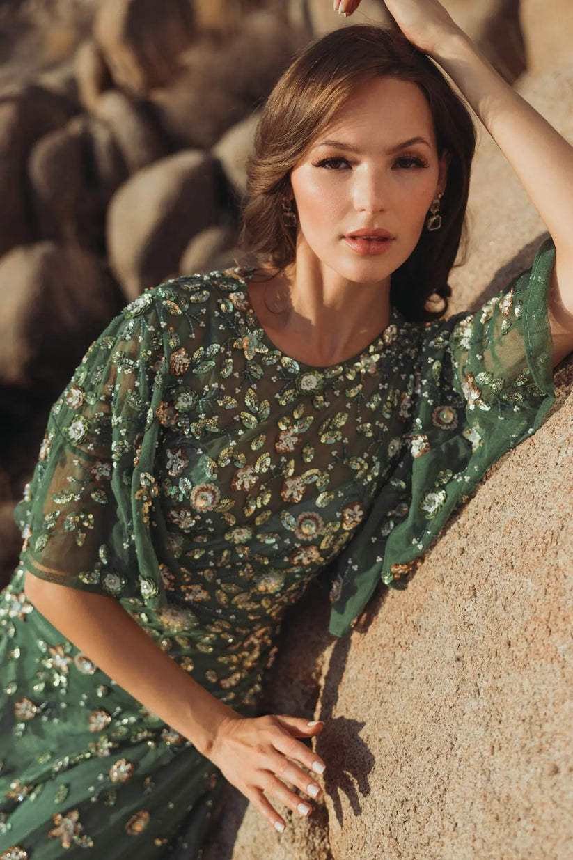 Mac Duggal 6162 - Jewel Neck Floral Embellished Midi Dress In Green