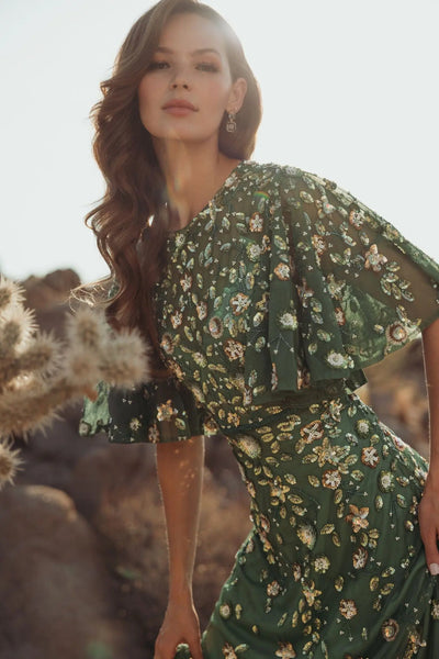 Mac Duggal 6162 - Jewel Neck Floral Embellished Midi Dress In Green