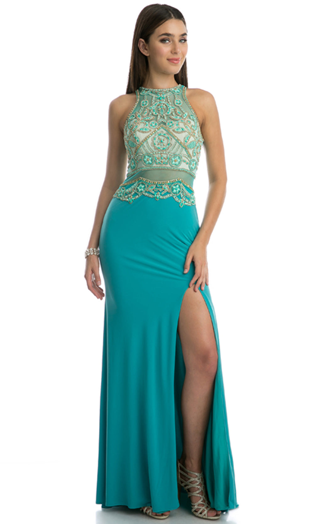 Juliet Dresses 617 - High Slit Halter Evening Gown Prom Dresses